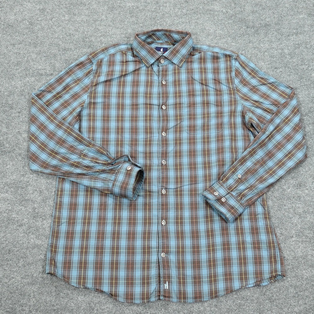 Johnnie-O Shirt Mens Large Blue Long Sleeve Button Up Plaid Stretch Pockets